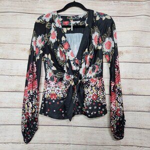 Free People Blouse Womans S/P Run Free Satin Tie Waist Tunic Black Combo Boho